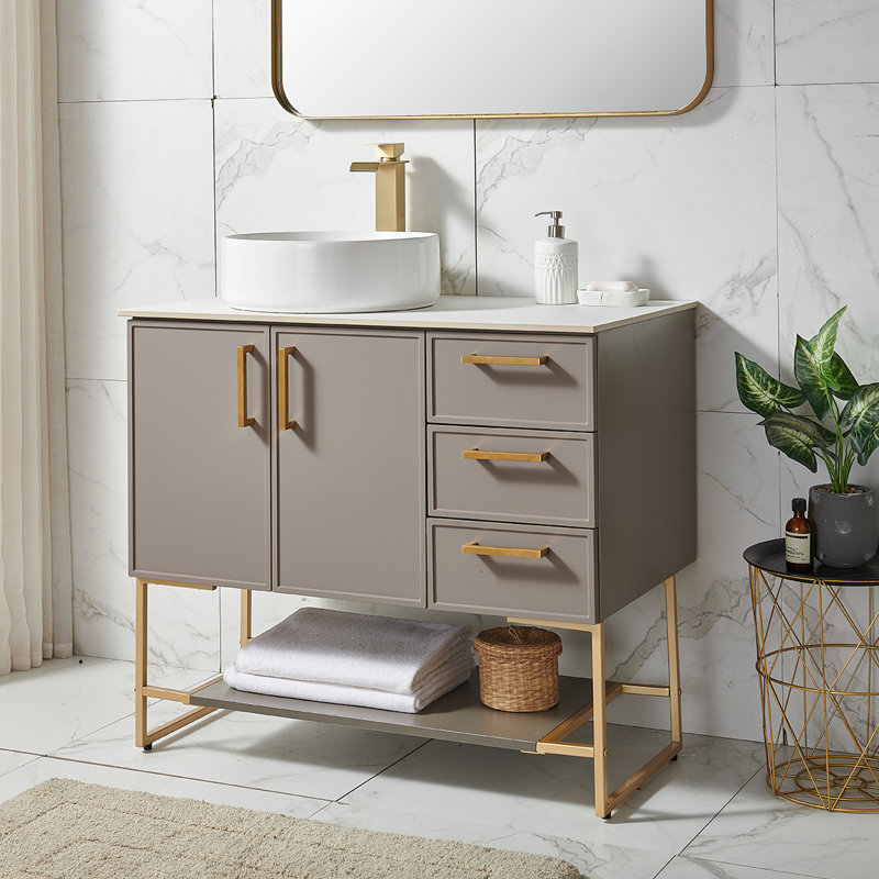 Ensemble de meuble-lavabo sur pied simple avec plateau en céramique 36 po Lackowski, Gris clair / doré
