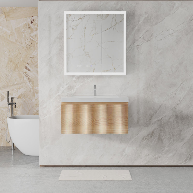 Meuble-lavabo flottant moderne 42 po avec lavabo en résine intégré, Bois naturel, 42", Blanc