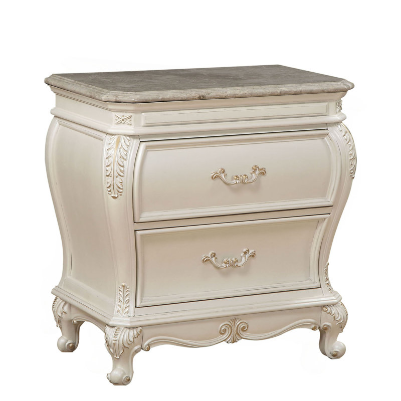 Table de chevet 2 tiroirs Pearl White avec pieds Queen Anne