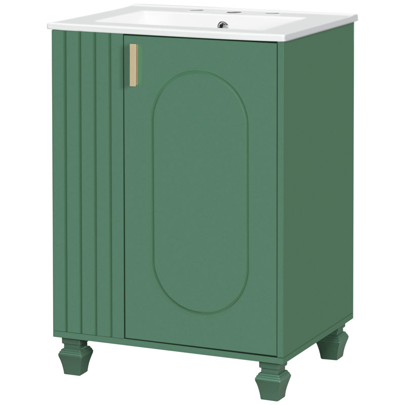 Meuble-lavabo de salle de bain rétro classique 24 po avec lavabo, planches, rangement sous l'évier, 2 tablettes, conception, structure en pin massif lisse et plomberie facile, charnières à ouverture latérale, finition