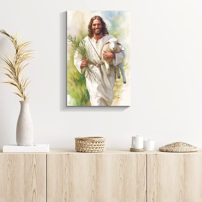 «Sourire Jésus tenant un agneau - Le bon berger», art mural sur toile, H 30 po x l 20 po