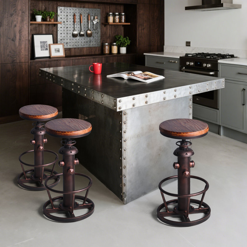 Set Of 3 Antique Industrial Round Bottom Adjustable Height Cafe Coffee Retro Vintage Stylish Water Pipe Design Pub Kitchen Bar Stool