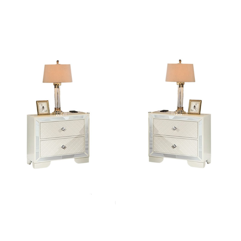 Table de chevet en bois crème 2 avec charnières sans fil et poignées en diamant