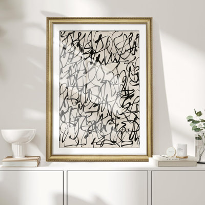 Abstrait noir, gribouillis, motif artistique moderne rustique doré, décoration murale encadrée