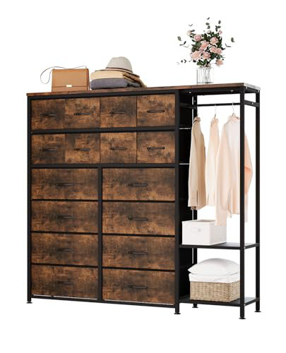 Tall Dresser for Bedroom with 16 Drawers, Clothes Rack and Storage Shelves, Bedroom Storage Dresser for Clothes Organization