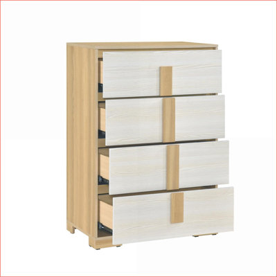 Commode, commode de rangement contemporaine en bois à 4 tiroirs | Naturel | Blanc