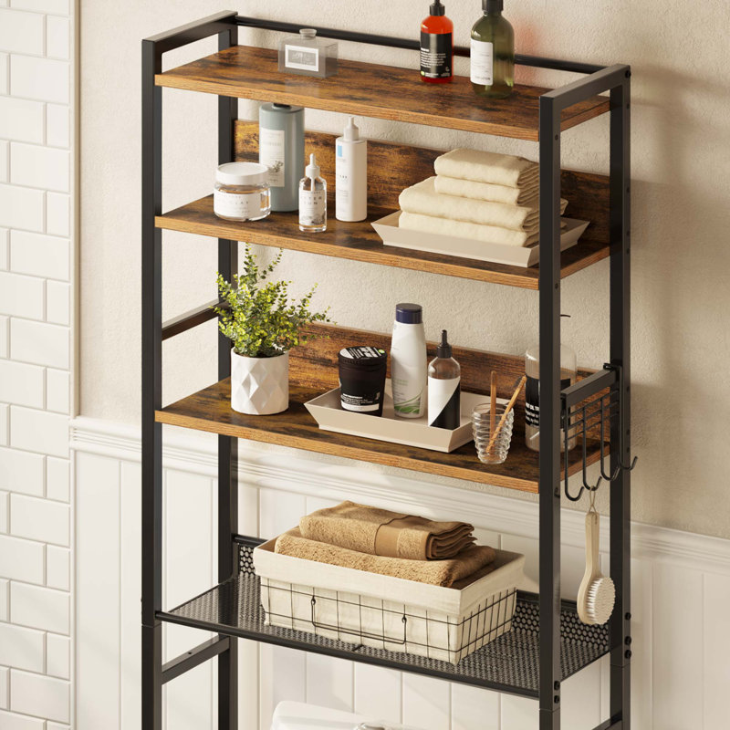 Calirose 23.6" W x 68 "H x 9.4" D Over The Toilet Storage with 4-tier shelf & 4 hooks, Rustic Brown