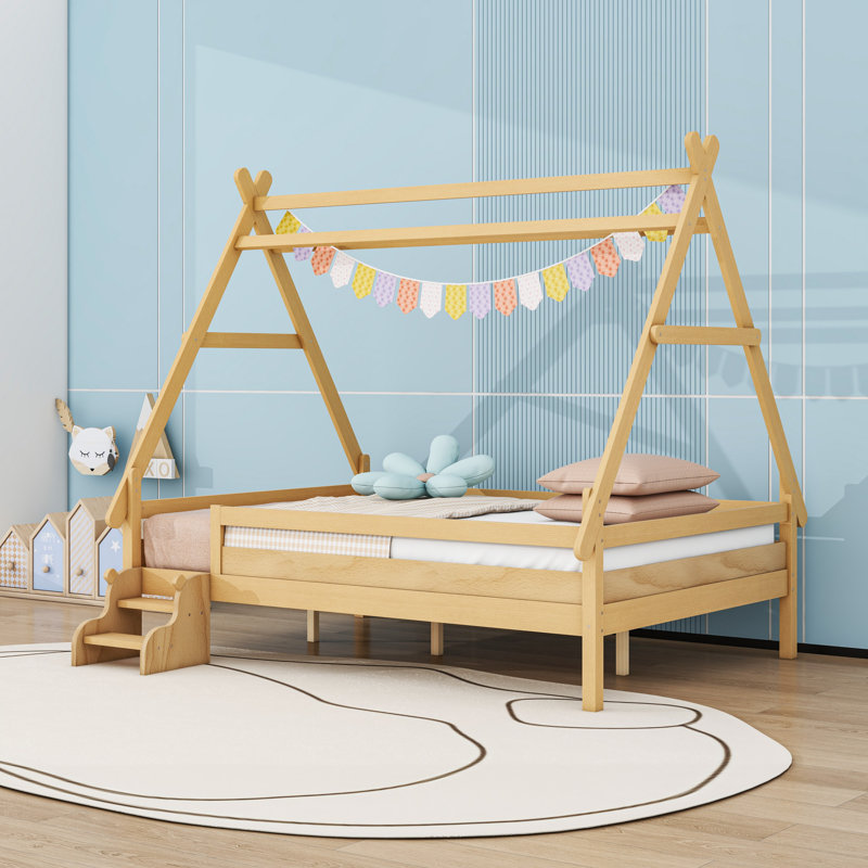 Lit plateforme en bois avec forme de maison, Lit double, Naturel