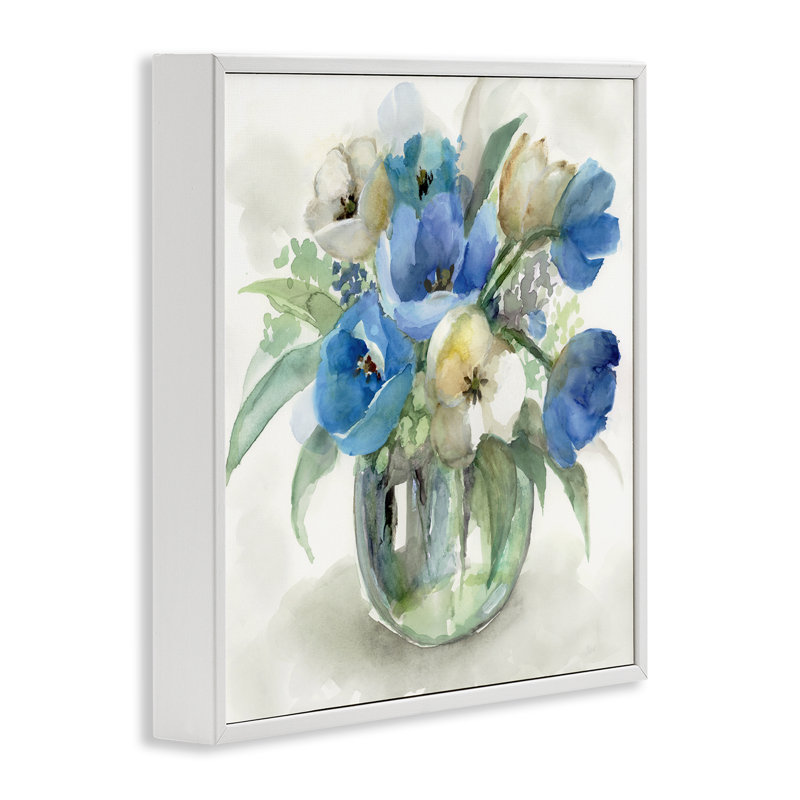 «Blue Tulip Watercolor Bouquet», estampe numérique, design par Nan, Encadrement giclée blanc côtier, H 17 po x l 17 po