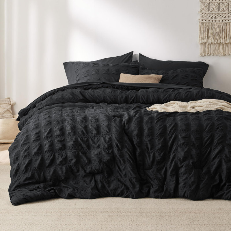 Bedsure Bed in a Bag Full - 7 Pieces Plaid Seersucker Bedding Comforter Sets, Soft Lightweight Black Boho Bed Set with Comforters Full Size, Sheets, Pillowcases & Shams