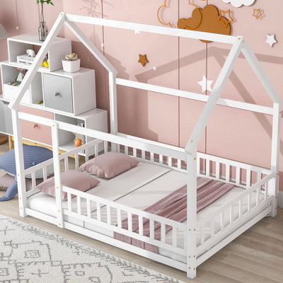 Ashton Floor Wooden Bed With House Roof Frame, Fence Guardrails