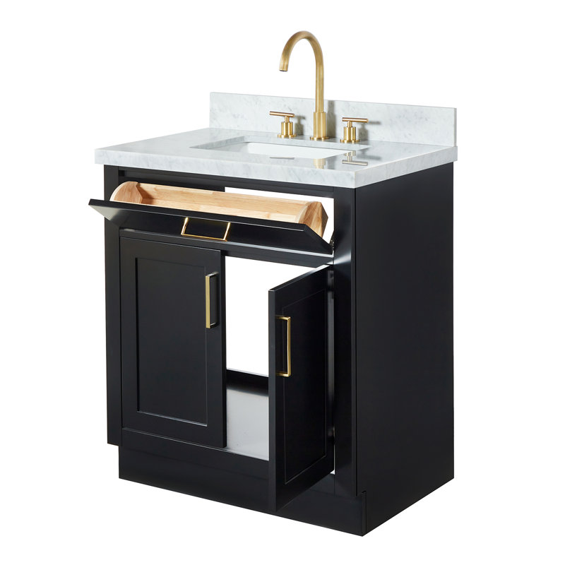 Meuble-lavabo simple en bois massif 30 po avec plateau en marbre de Carrare 1,5 po Tidworth, Forme rectangulaire
