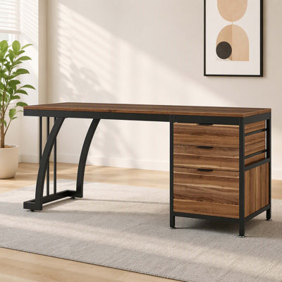 59.06 Inch Walnut Wood & Black Metal Vanity Table with Three Reversible Drawers, Dual-Purpose Makeup Desk & Computer Desk with Stool