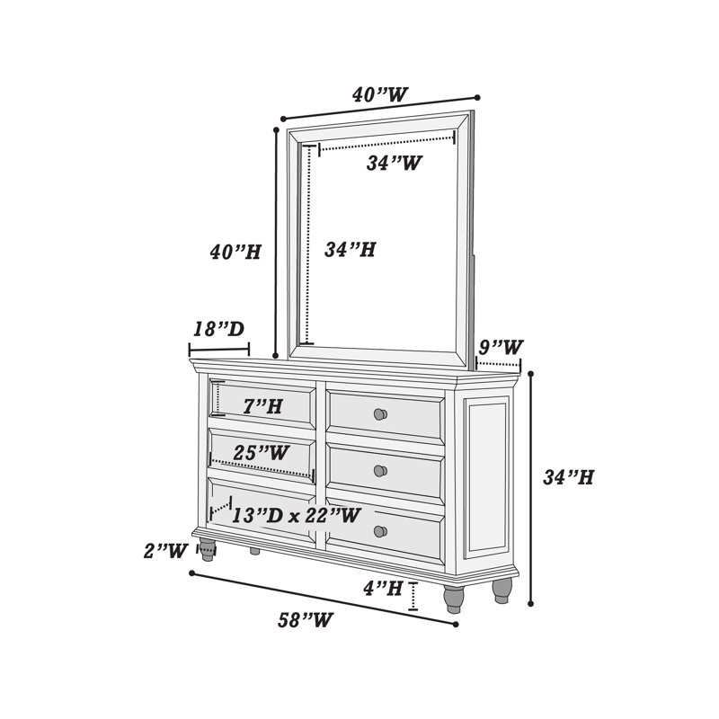 Commode double 6 tiroirs l 58 po avec miroir, Noir