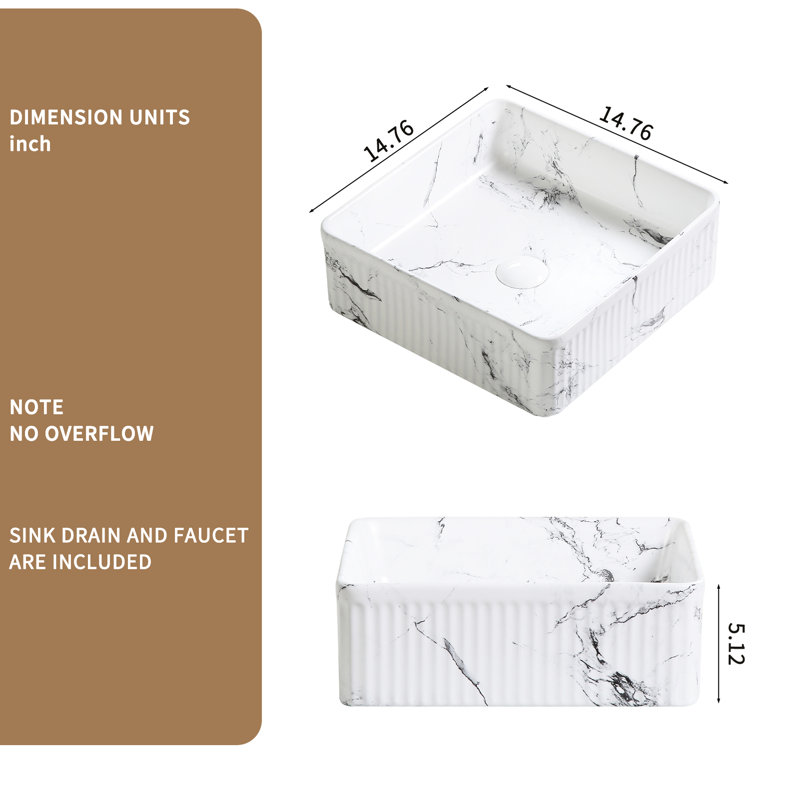Black And White Marble - Coated Art Basin For Bathroom, 15" Square Vessel Sink, High Gloss Baked Glaze, Quick Drainage 14.84"X5.15" Bathroom Porcelain, Smooth