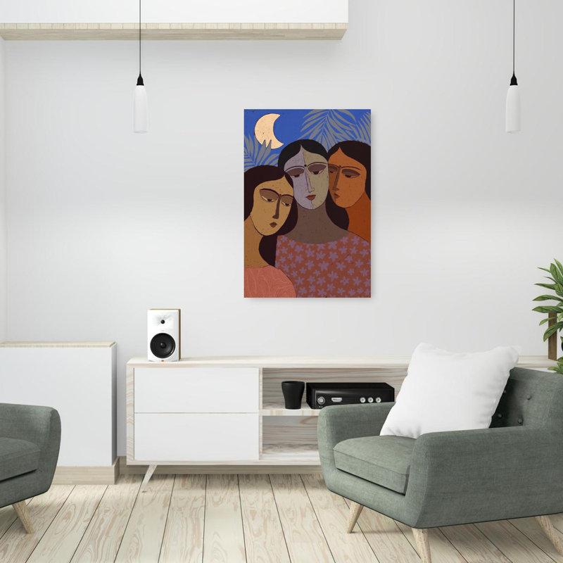 Three Women Under Moon Dreamy Peaceful Serene Palm Nature Portrait Wall Art Print 1 Piece Wrapped Canvas Wall Art