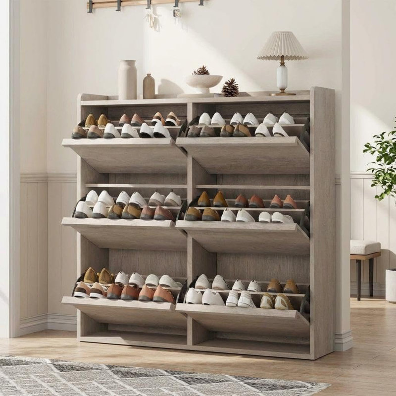 6-Door Flip-Up Shoe Cabinet with Adjustable Shelf, Grey Wood Entryway Storage Organizer for Hallway and Living Room, Gray