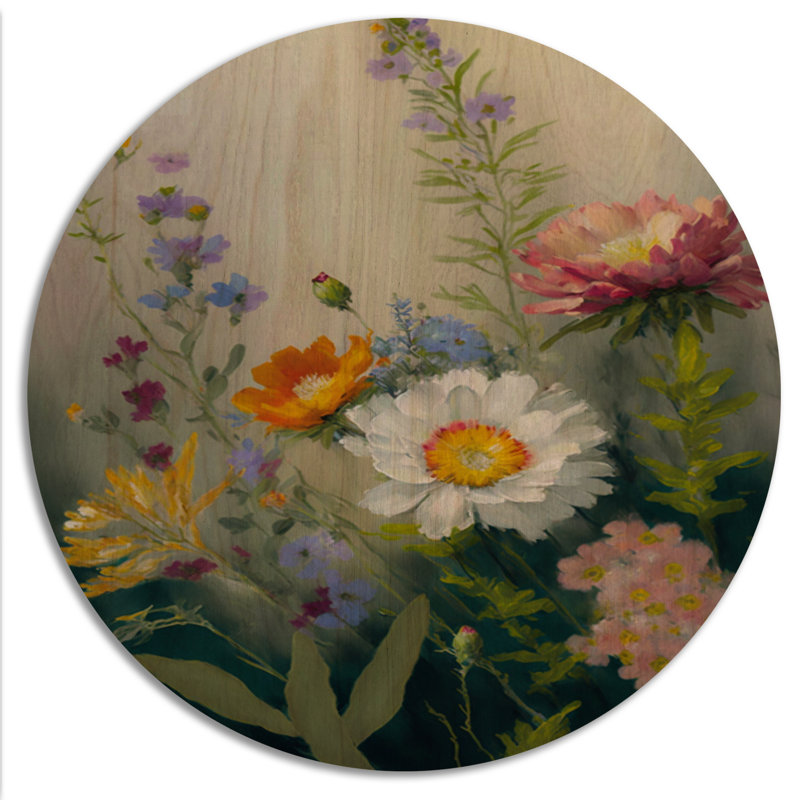 «Painted Blossoming Wildflowers VI» - Art mural en bois Bouquet floral - Bois de pin naturel, H 23 po x l 23 po x P 1 po