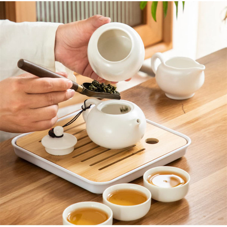 Japanese Dark Green Ceramic Tea Set Bamboo Tea Tray Chinese