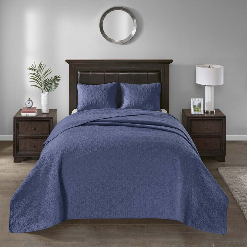 Reversible Set, Navy, Twin Bedspread + 2 Standard Pillow Shams