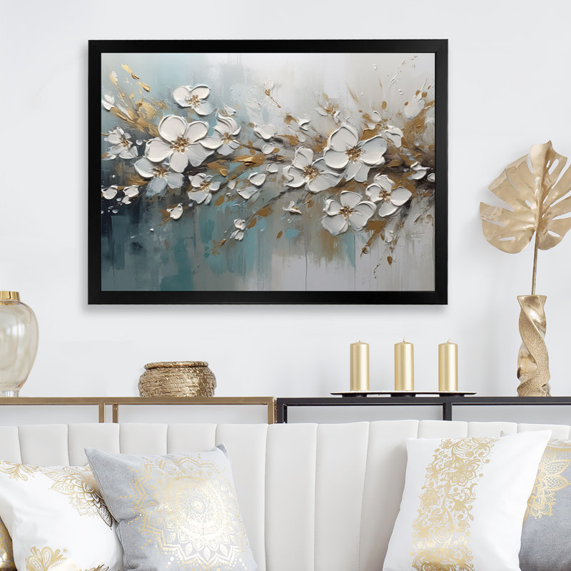 «Roniya White and Gold Daisy Symphony IV», reproduction sur toile, H 30 po x l 40 po x P 1,5 po, Cadre photo noir