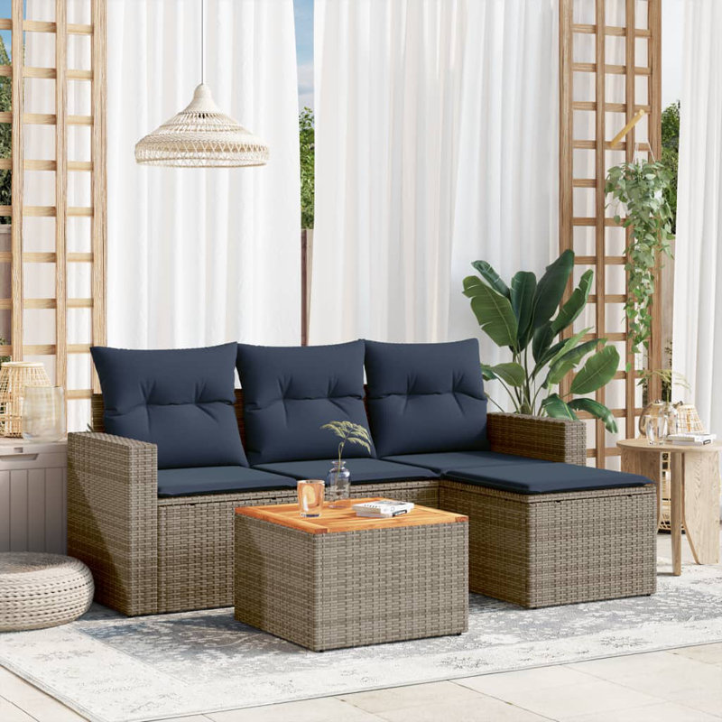 Ensemble de canapé de patio 5 pièces avec coussins en rotin de polyester, Gris, Marine