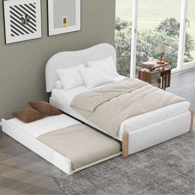 Lit plateforme double rembourré pleine grandeur avec pieds de support en bois et lit gigogne simple, blanc