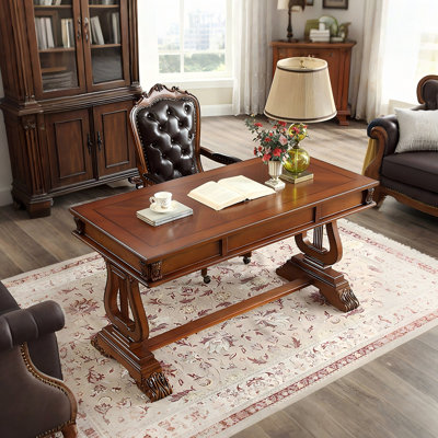 53.15"Brown Retro Rectangle Solid Wood Writing Desk,3-drawer