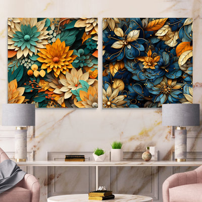 Motif de mandala bohème bleu et beige - ensemble de 2 art mural acrylique en verre floral
