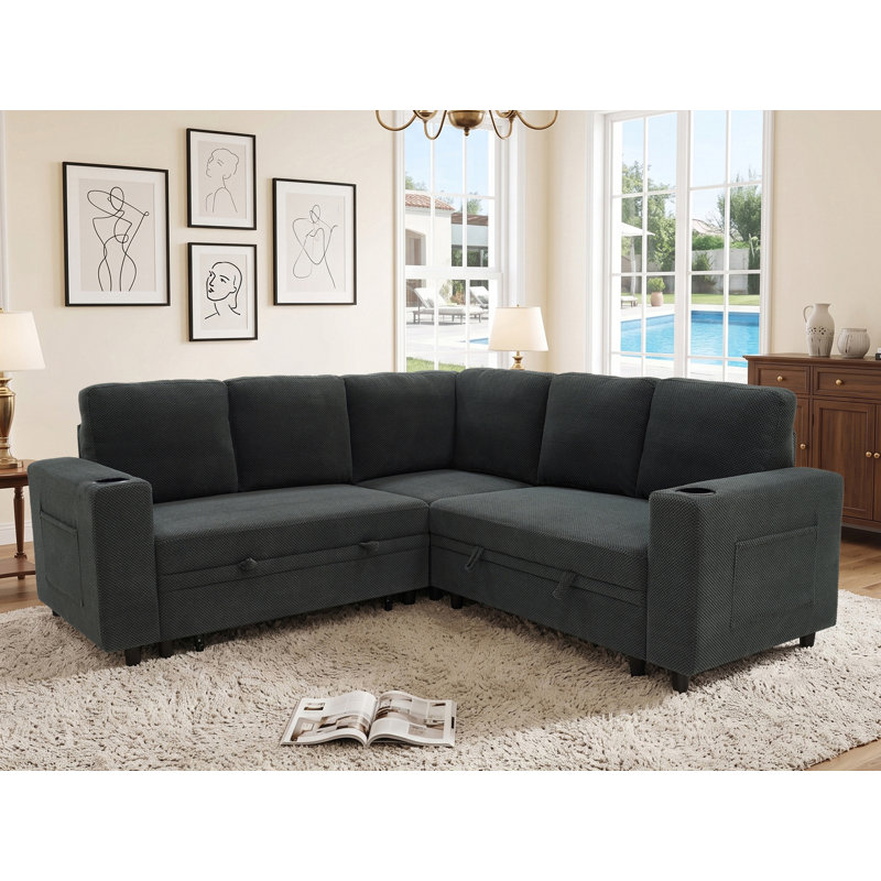 Canapé-lit modulaire coulissant avec porte-gobelets, Polyester gris foncé