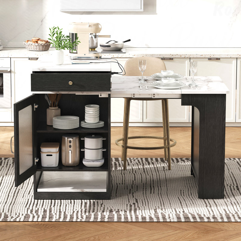 59.5" Kitchen Island With Extendable Dining Table, Kitchen Storage Table With Double-Sided Storage, Kitchen Island With 2 Drawers, Power Outlet, Side Open Shelves, For Kitchen, Dining Room