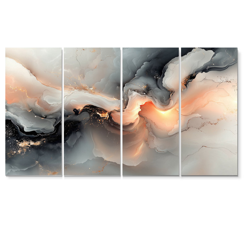 Abstract Geode Grey Marble River Shape II - Marble Canvas Art Set, 32" H x 64" W