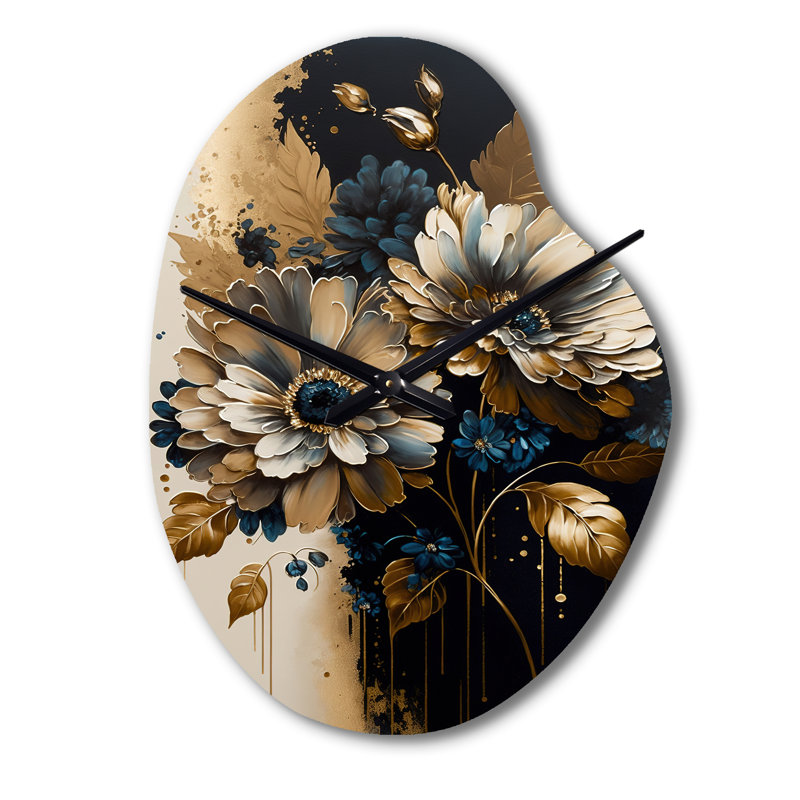 Bleu et or Daisy Bunch II - horloge en métal de forme unique Daisy, horloge murale asymétrique traditionnelle, Grand