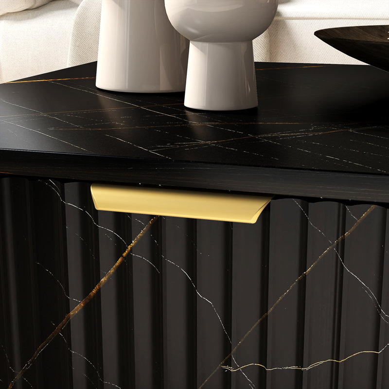 HOMCOM Marble-Effect Coffee Table with Storage, Drawer, Fluted Door, Black
