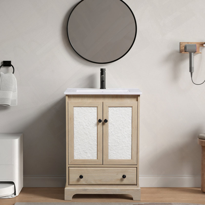 Base de meuble-lavabo de salle de bain avec porte à motif floral sculpté et prête à assembler