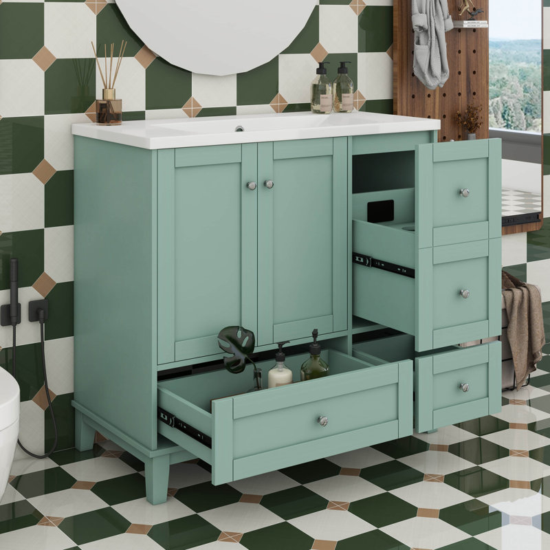Meuble-lavabo 36 po sans lavabo, armoire de salle de bain autoportante en bois avec chargement USB, 3 tiroirs et une armoire