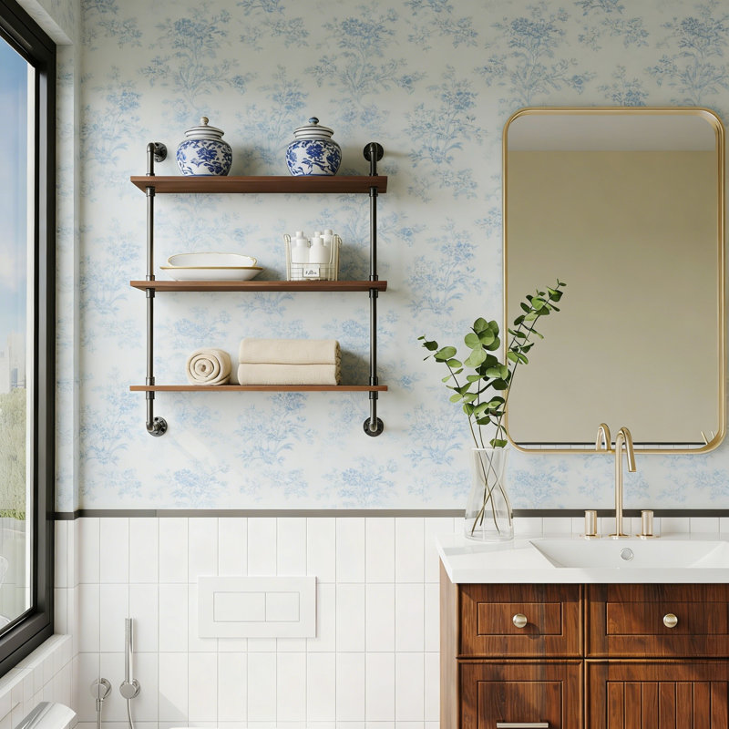 3-Tier Industrial Pipe Floating Shelf - 24 Inch Rustic Wood, Brown/Black