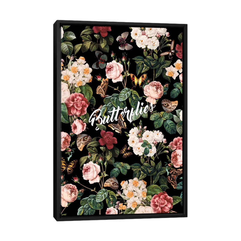Fleurs et papillons, impression sur toile tendue, H 26 po x l 18 po x P 1,5 po, Toile avec cadre noir, Pas de tapis