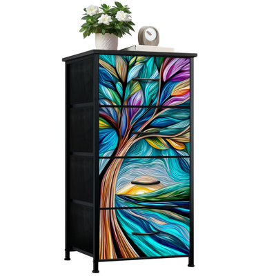 Dresser for Bedroom with 4 Storage Drawers Colorful Tree Twisting Tree Trunk Curved Branches Colorful Leaves Dressers Chest of Drawers Steel Framed Fabric Closet Organizers for Dorm Entryway
