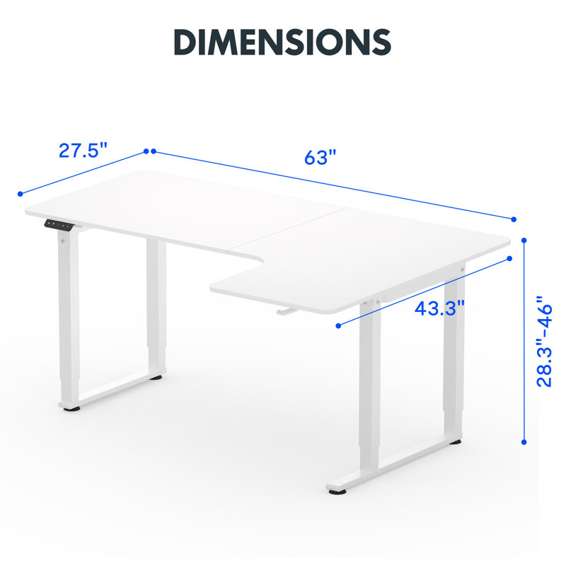 Cheriece L-Shaped Standing Desk, White, 46" H x 63" W x  43.30" D