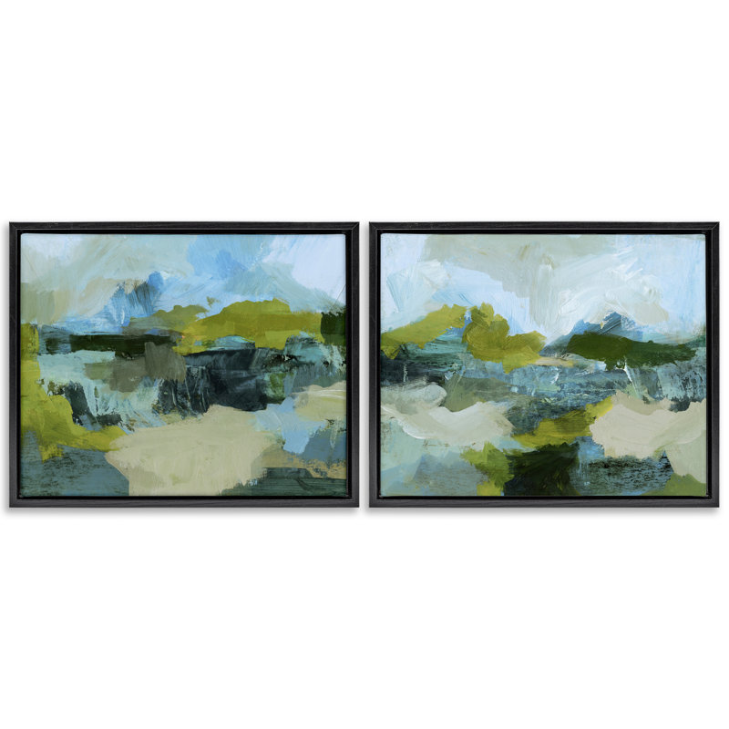  Abstraction avec détails verts, ensemble de 2 toiles flottantes encadrées par Victoria Barnes, Cadre flottant noir de jais
