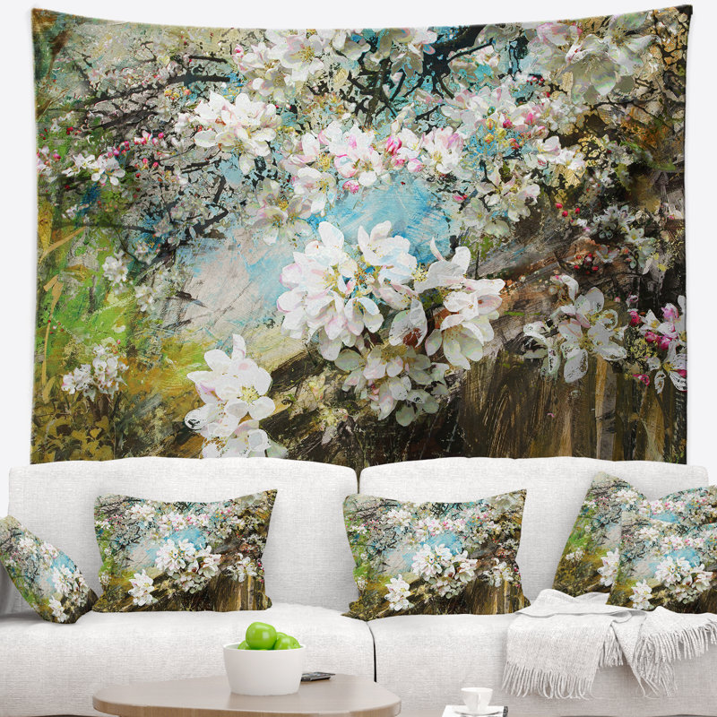 Tapisserie florale à fleurs de pommier avec fleurs blanches, H 32 po x l 39 po