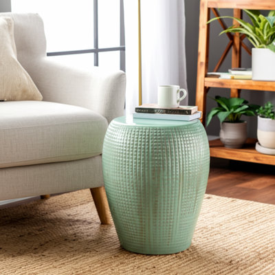 Ceramic Garden Stool With Raised-Grid Texture For Home Office Bedroom Living Room Use - 19" Green