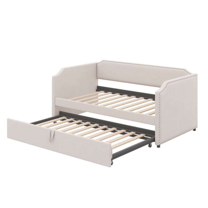 Daybed With Pop Up Trundle, Twin Size Upholstered In Velvet, Beige