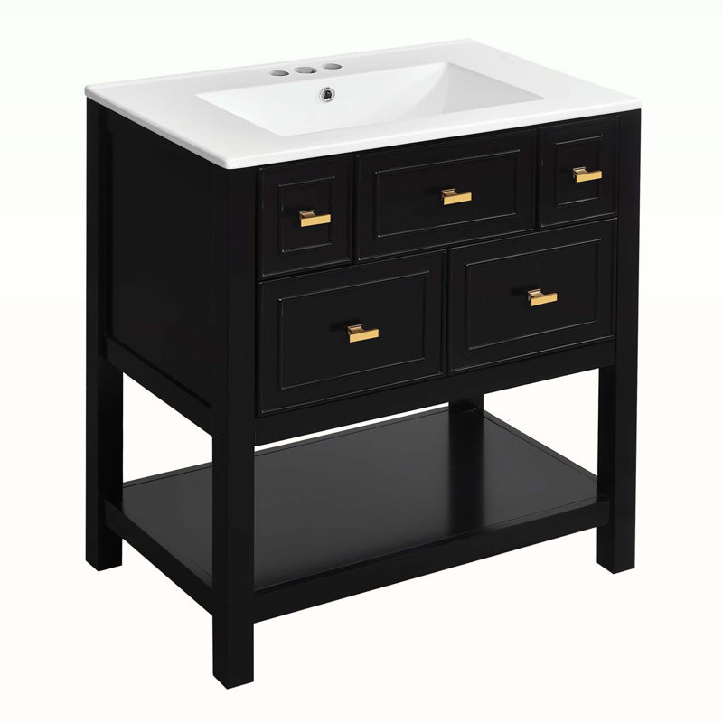 Free Standing Single Vanity Set with 5 Drawers, Black