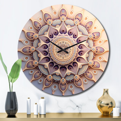 Horloge murale Ethereal Fractal Mandal en mauve et jaune I - Boho Mandala