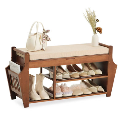 Shoe Bench with Storage 39.4in, 3 Tier Bamboo Entryway Storage Bench, Shoe Rack Organizer with Cushion