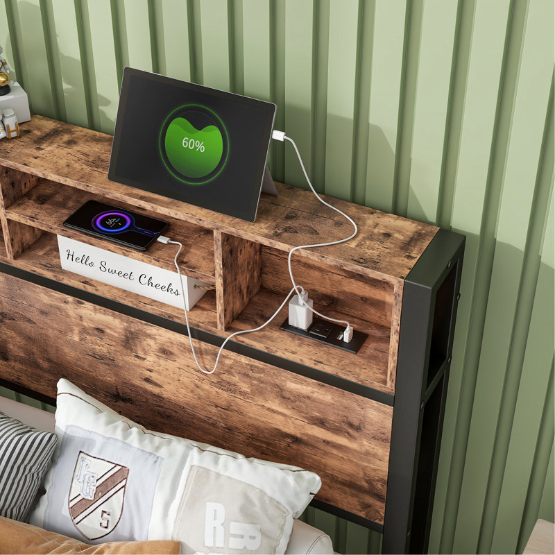 Structure de lit simple avec tête de lit, lit plateforme en métal avec station de charge, rangement pour bibliothèque, assemblage facile