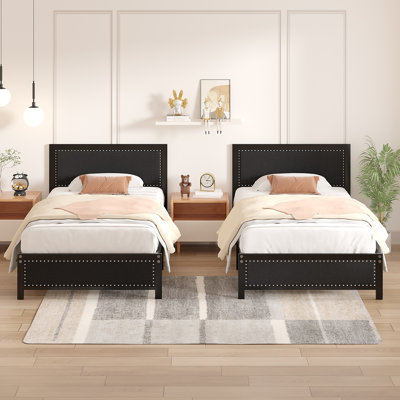 Belah Twin Size Bed Frames with Linen Upholstered Headboards and Nailhead Trim, Heavy-Duty Metal