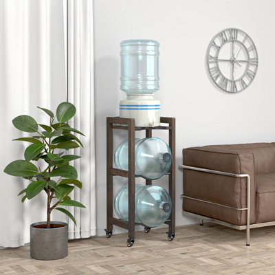 Support de cruche d'eau à 3 niveaux de 5 gallons avec tablette supérieure, 4 roues en métal ou pieds réglables, support de plancher en bois franc naturel